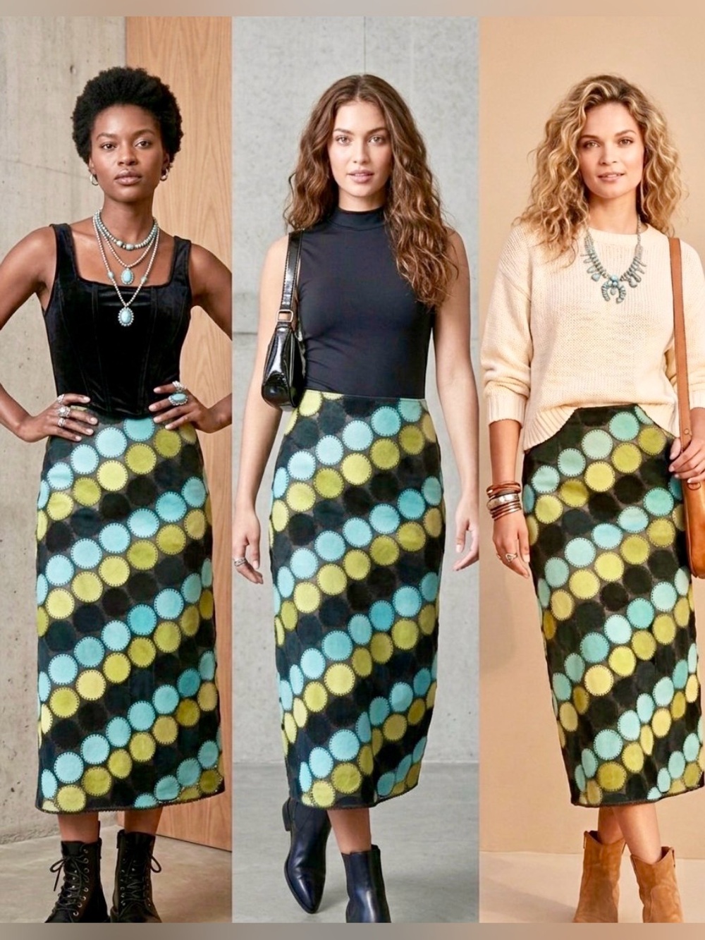 metrostyle Black Midi Skirt with Blue & Yellow Polka-Dot Pattern